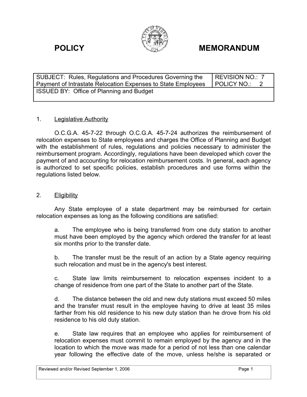 Rules, Regulations and Procedures Governing the Payment of Intrastate Relocation Expenses