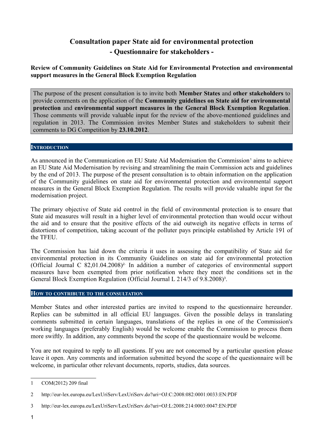 Consultation Paper State Aid for Environmental Protection