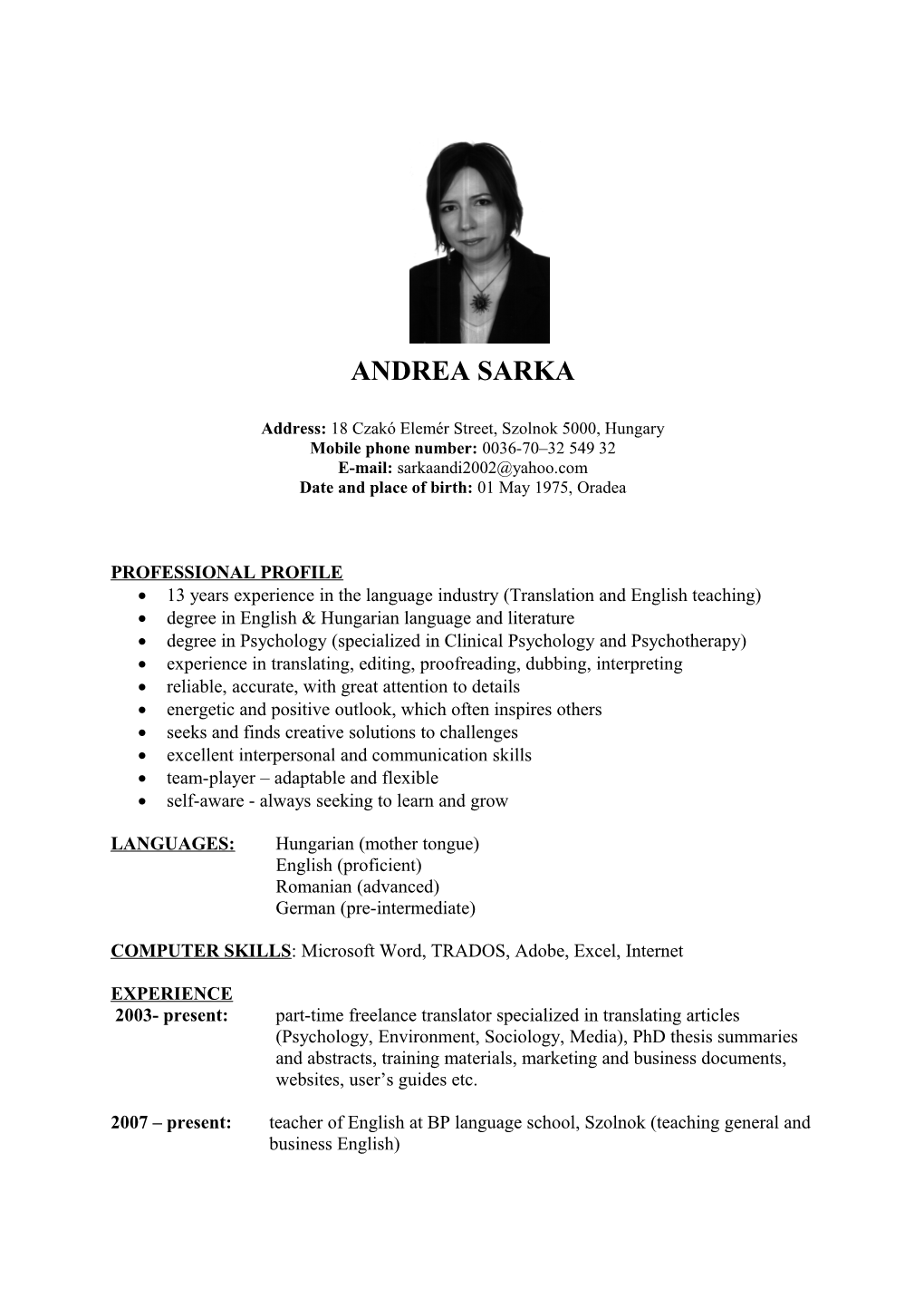 Sarka Andrea Curriculum Vitae