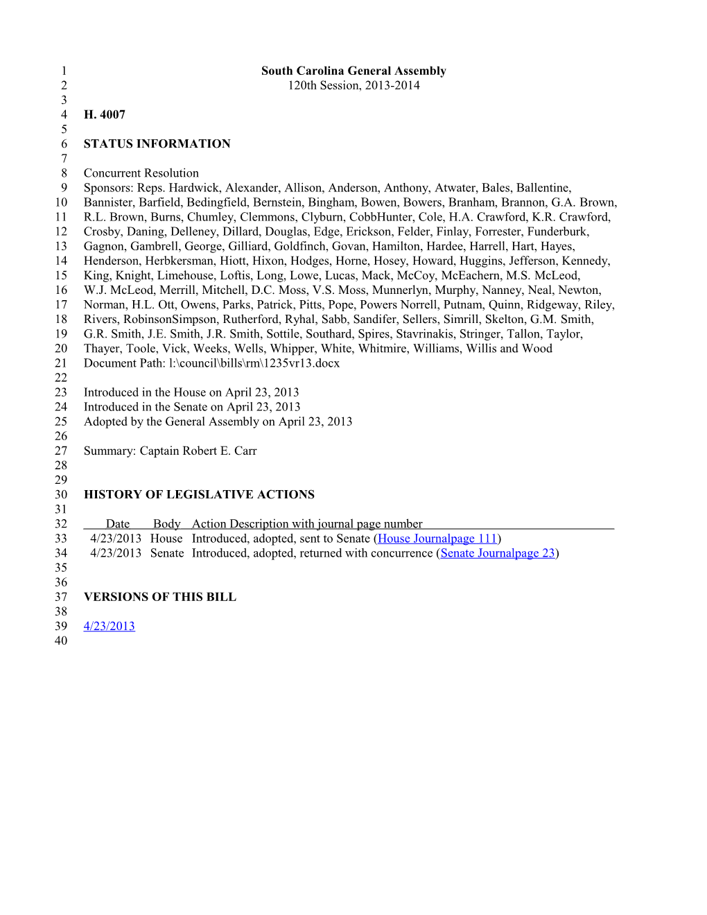 2013-2014 Bill 4007: Captain Robert E. Carr - South Carolina Legislature Online