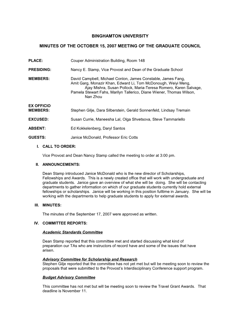 Minutes of the October 15, 2007 Meeting of the Graduate Council