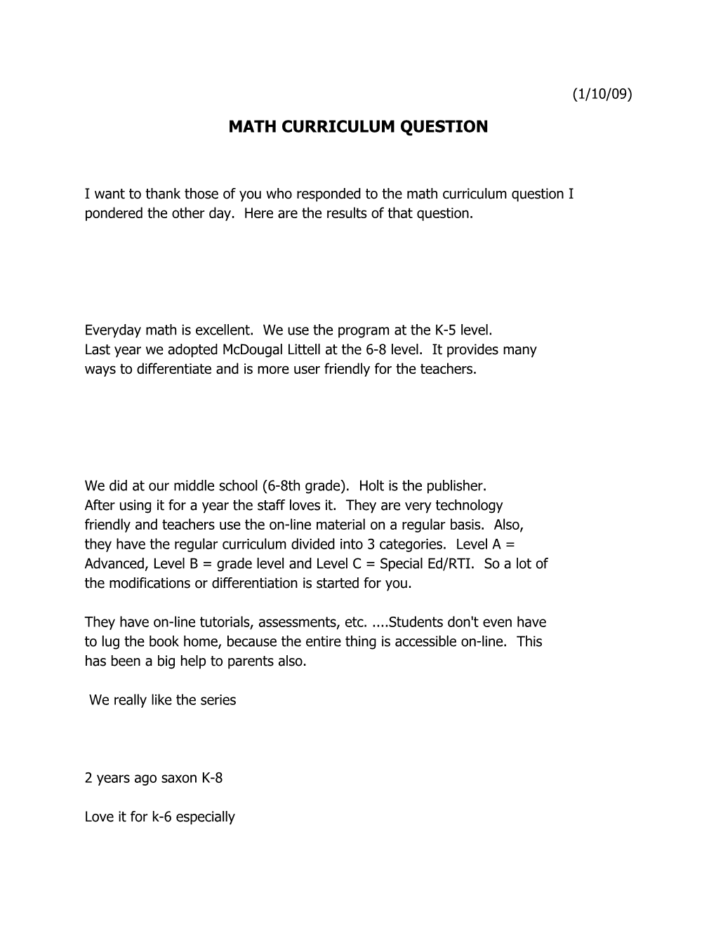 Math Curriculum Question