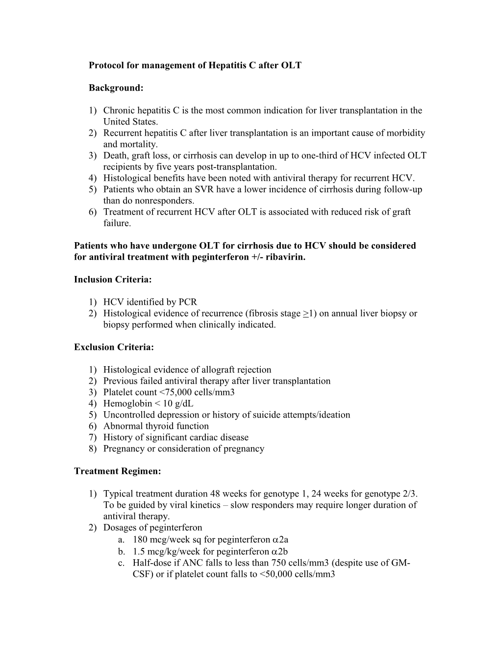 Protocol for Management of Hepatitis C After OLT