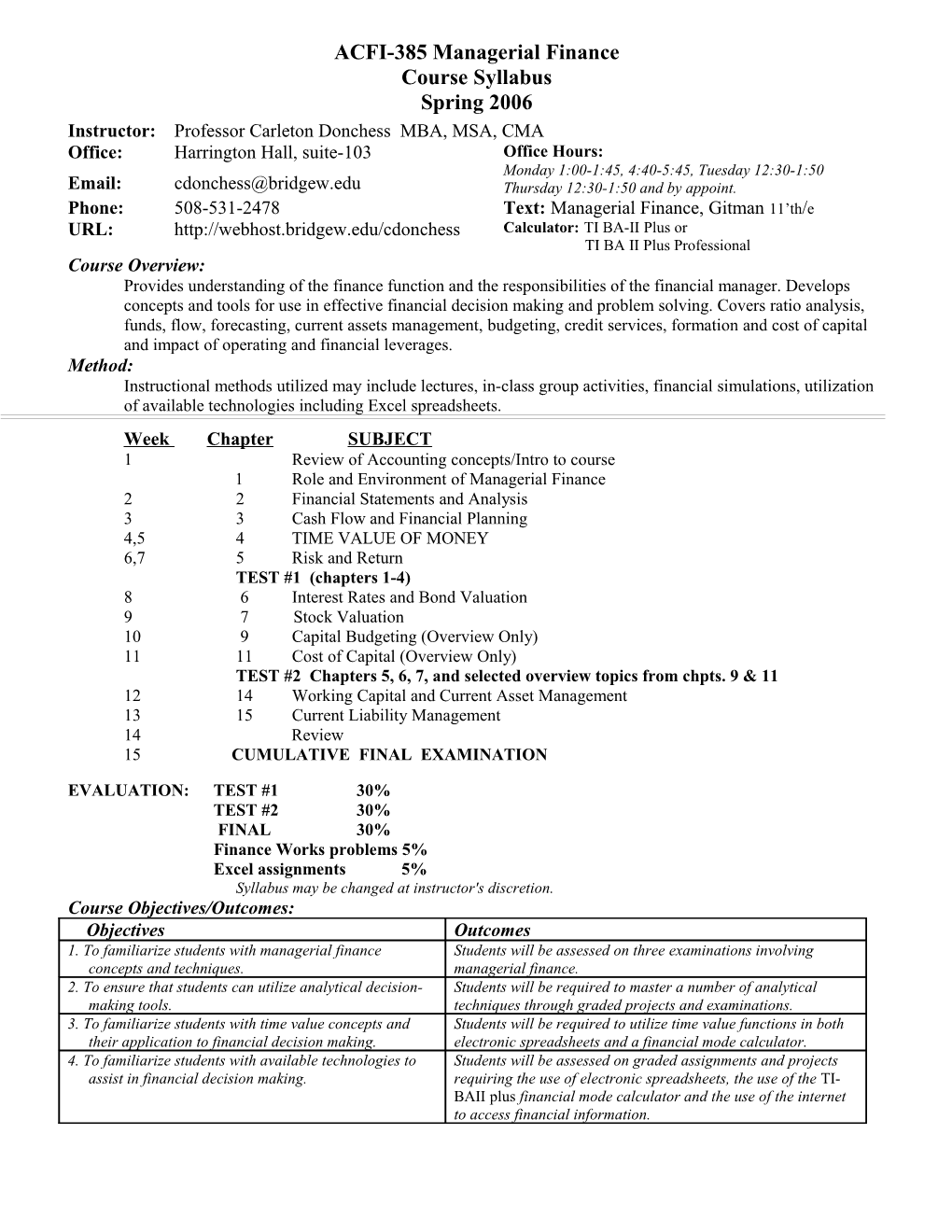 ACFI-385 Managerial Finance Course Syllabus