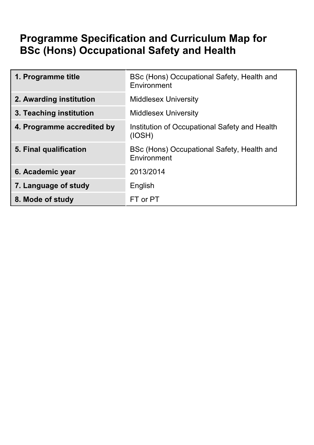 Programme Specification and Curriculum Map for Bsc (Hons) Occupational Safety and Health