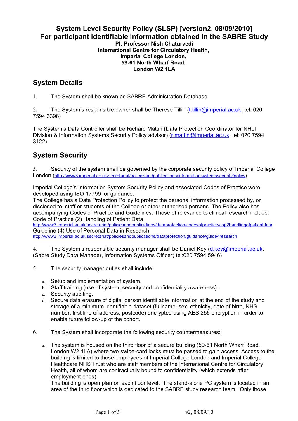 System Level Security Policy (SLSP) Version2, 08/09/2010