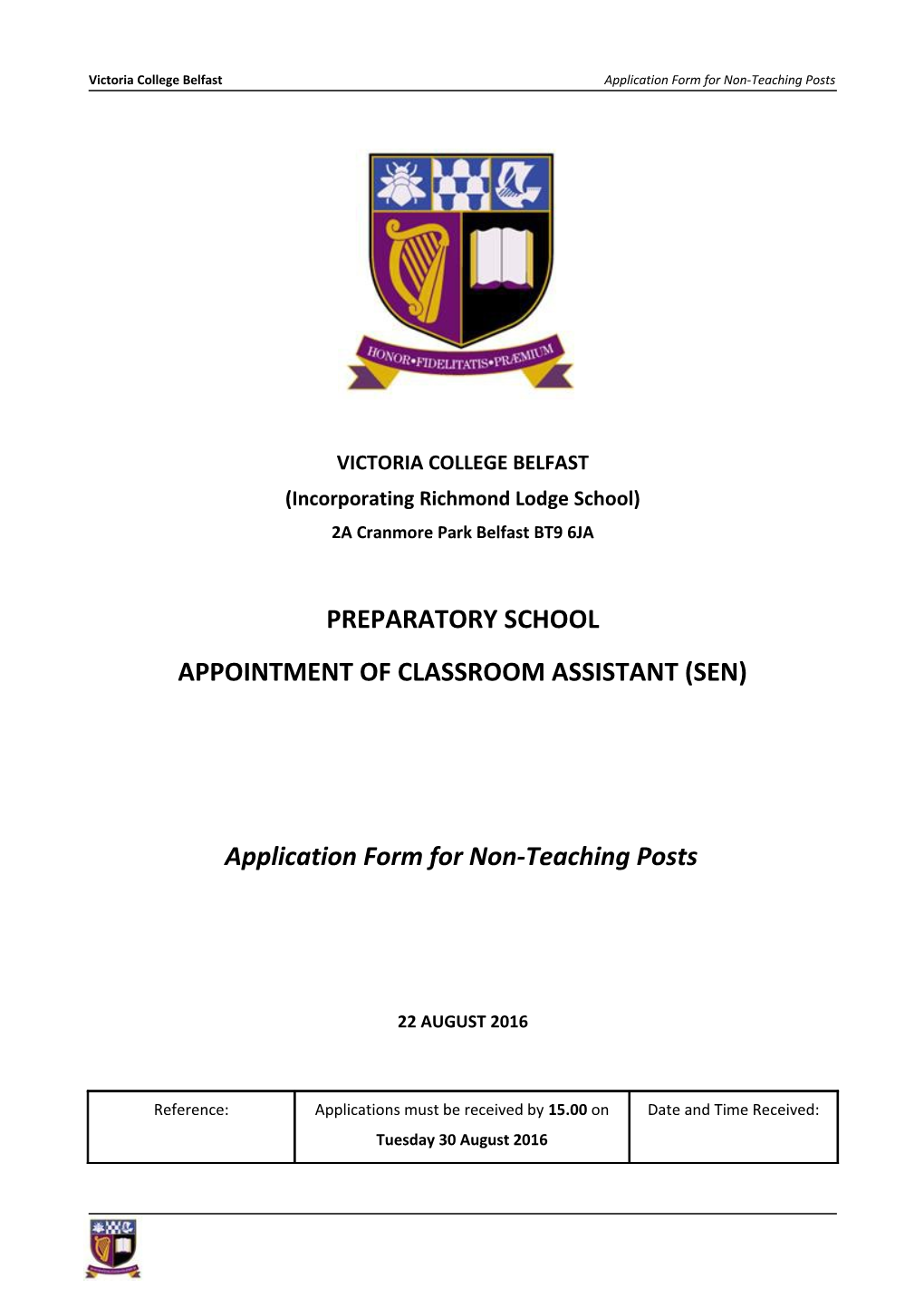 Victoria College Belfast Application Form for Non-Teaching Posts