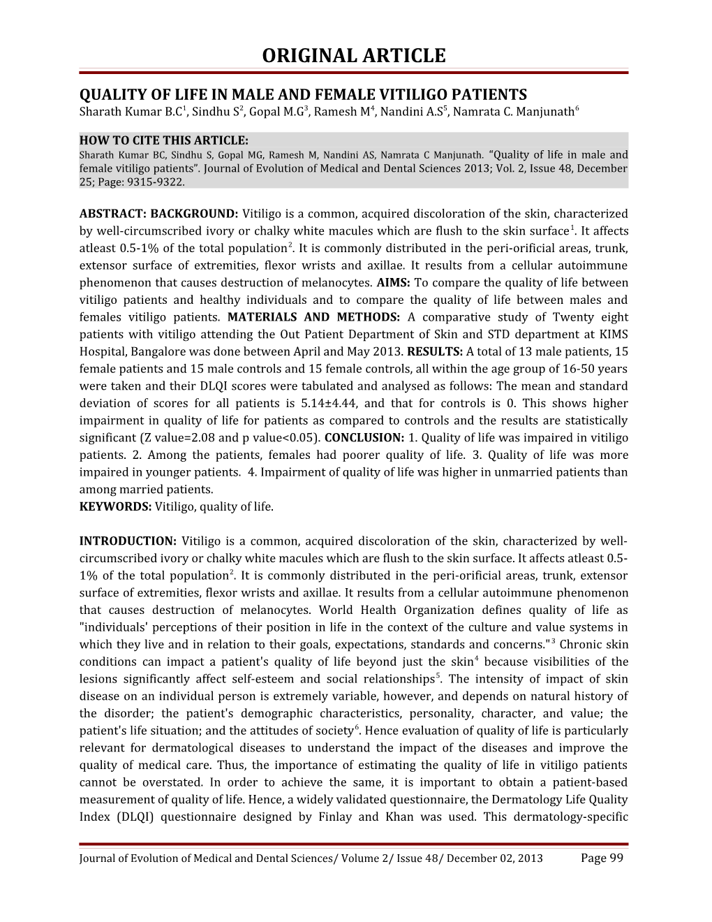 Quality of Life in Male and Female Vitiligo Patients