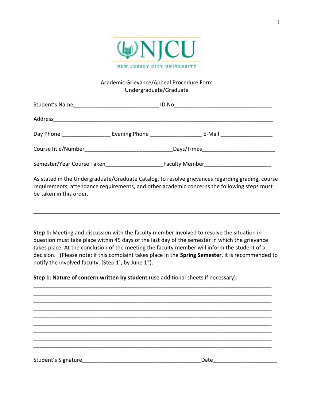 Academic Grievance/Appeal Procedure Form