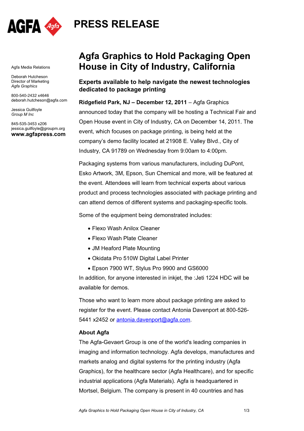 Agfa Graphics to Hold Packaging Open House in City of Industry, California