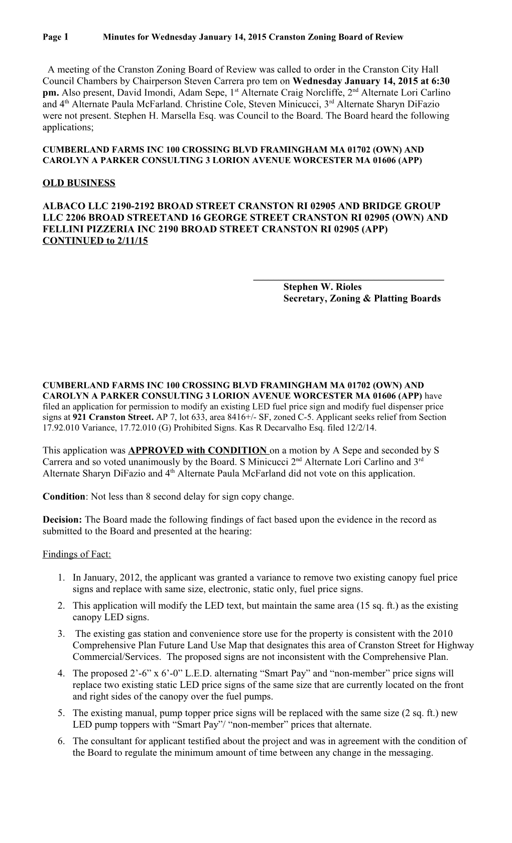 Page 1Minutes for Wednesday January14, 2015Cranston Zoning Board of Review