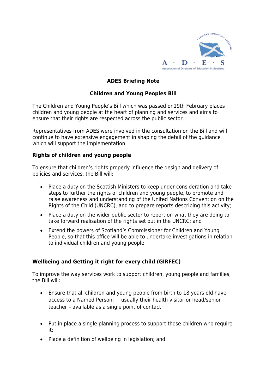 ADES Briefing NoteChildren and Young Peoples Billthe Children and Young People S Bill