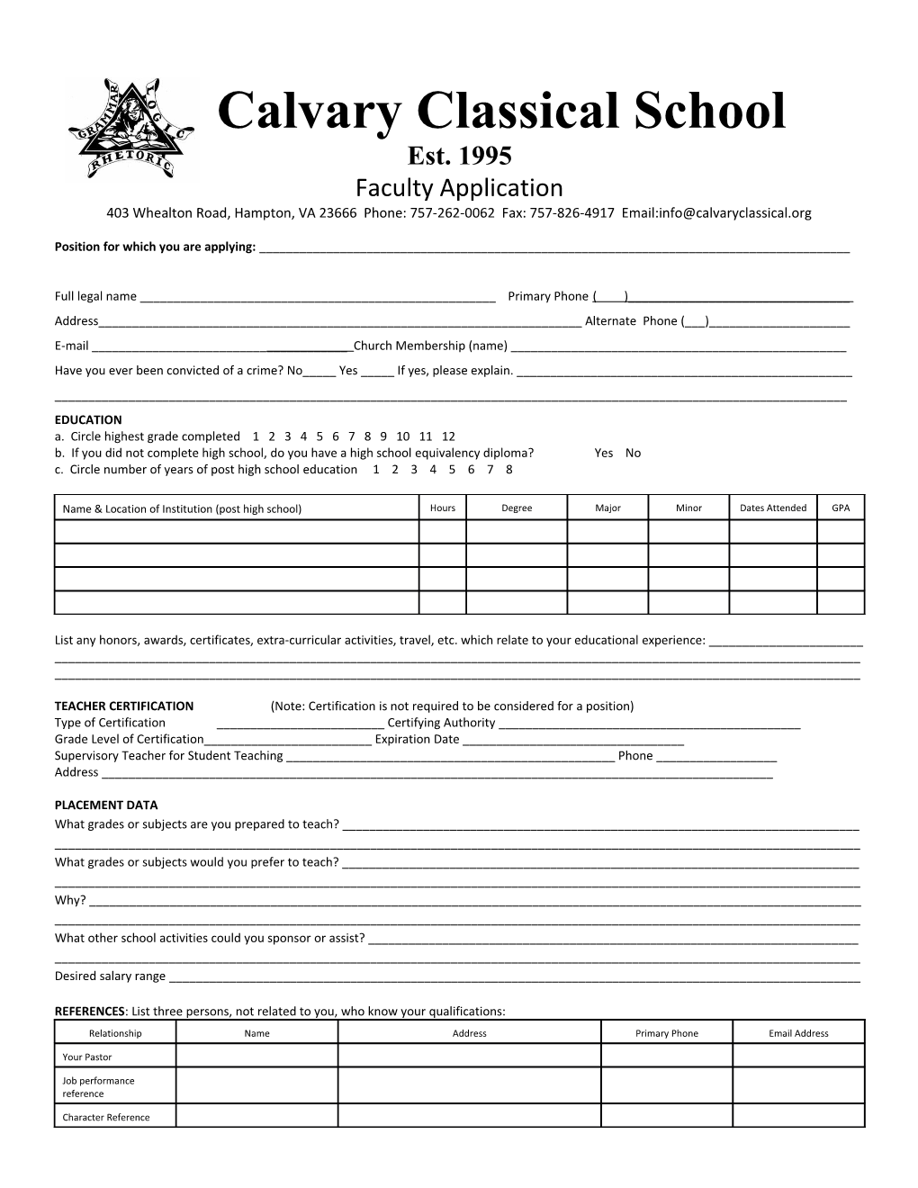 FACULTY APPLICATION (Version 11/2005)