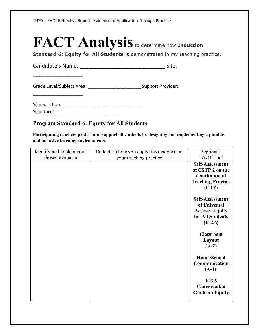 FACT Analysis to Determine How Induction Standard 6: Equity for All Students Is Demonstrated