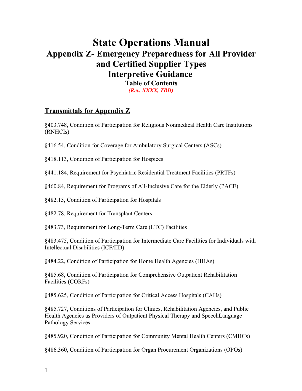 Appendix Z- Emergency Preparedness for All Provider and Certified Supplier Types