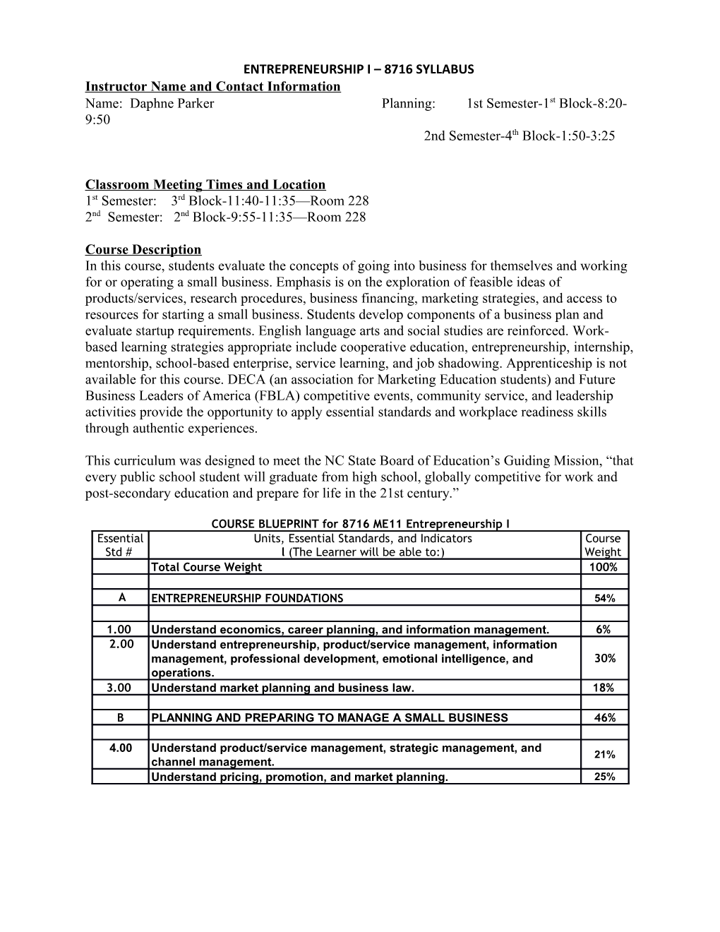 Instructor Name and Contact Information