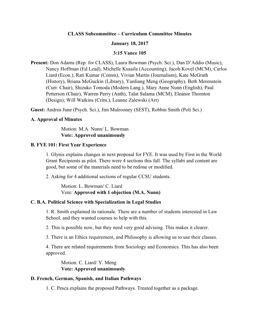 CLASS Subcommittee Curriculum Committee Minutes