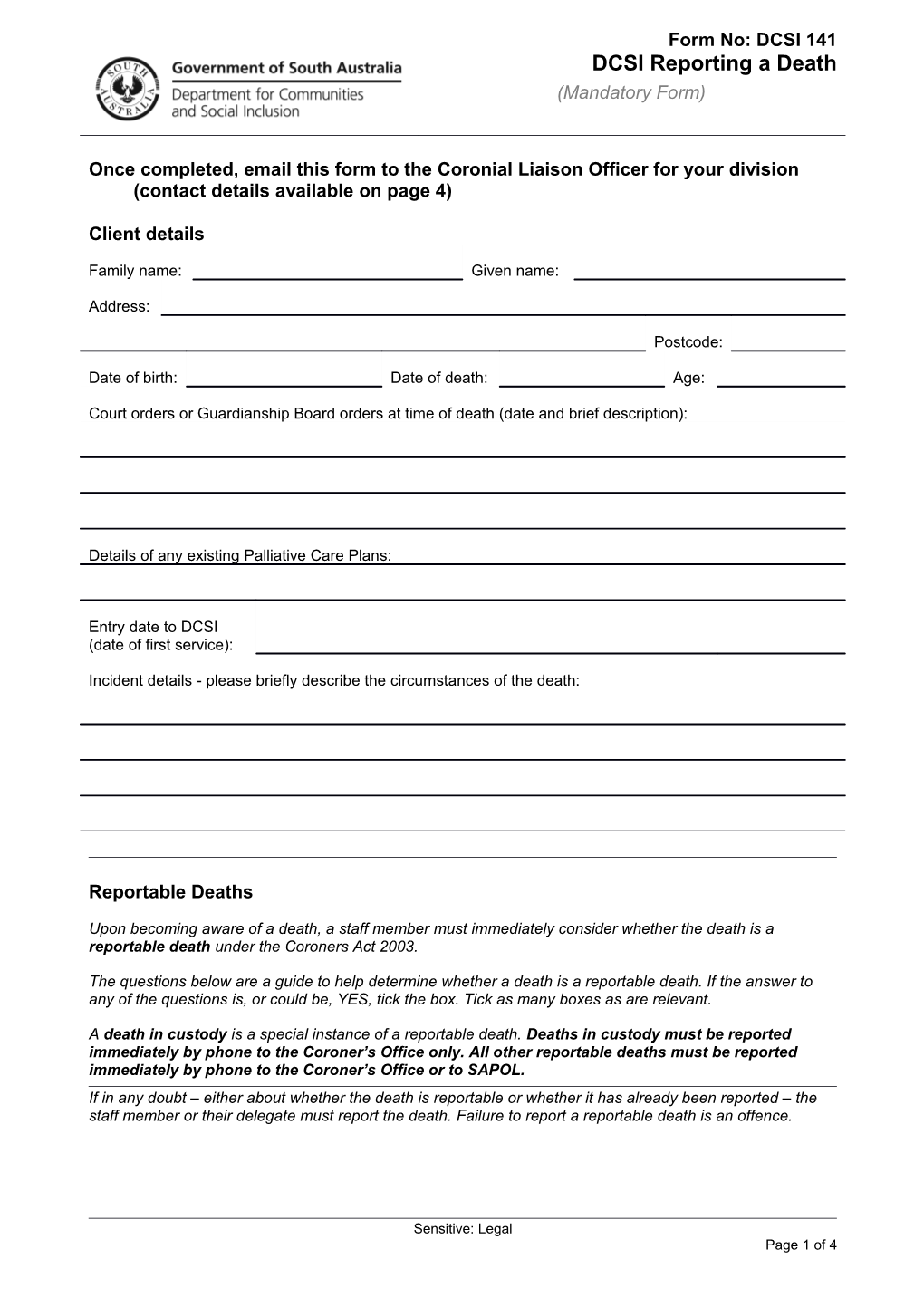 Coronial Form - Reporting a Death to the Coroner