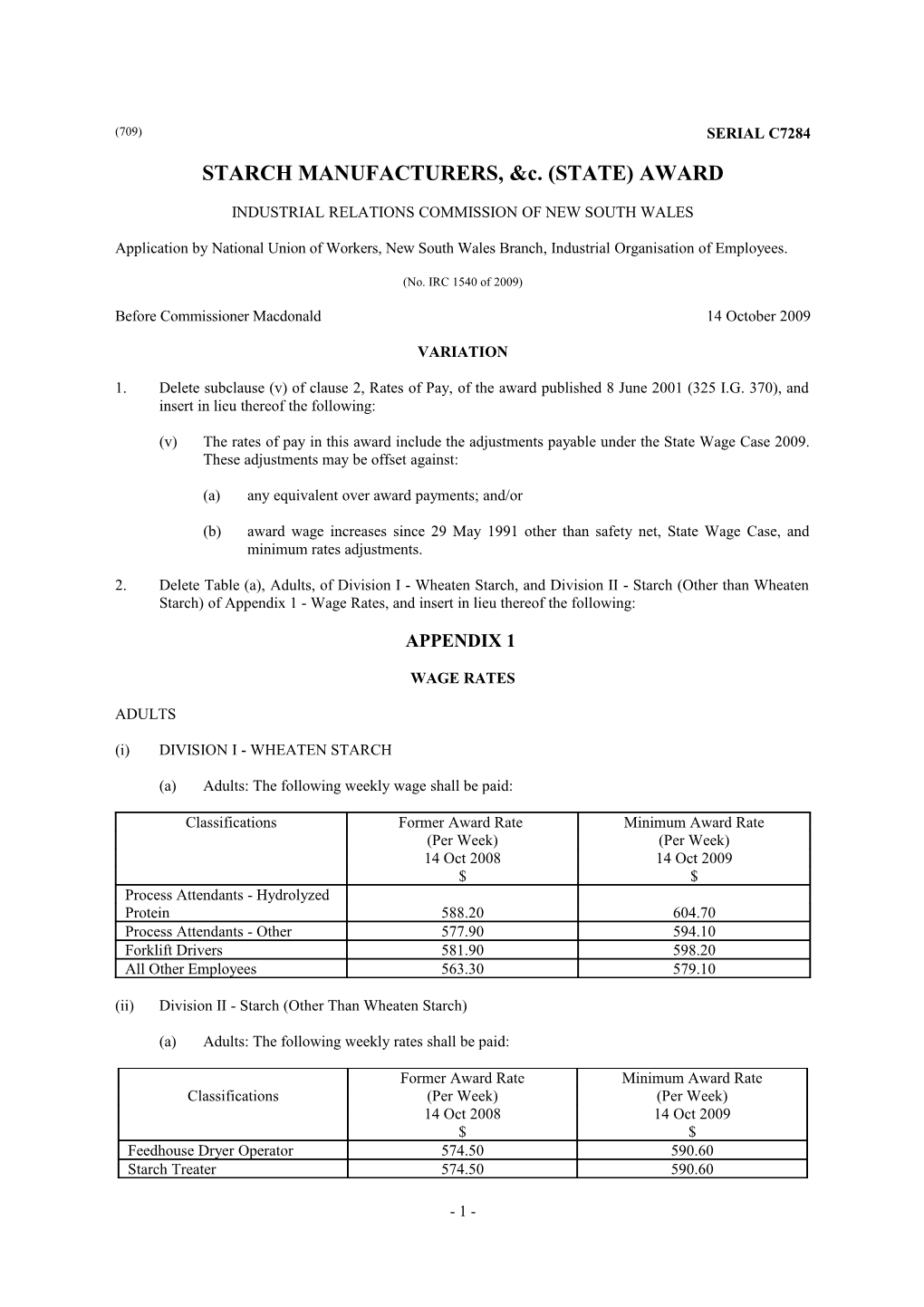 Starch Manufacturers, &C. (State) Award