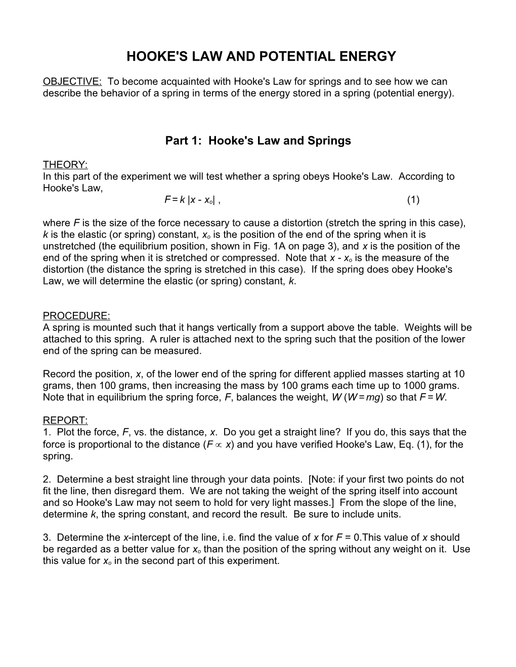 Hooke's Law and Potential Energy