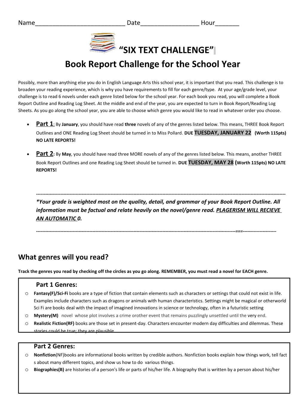 Book Report Challenge for the School Year