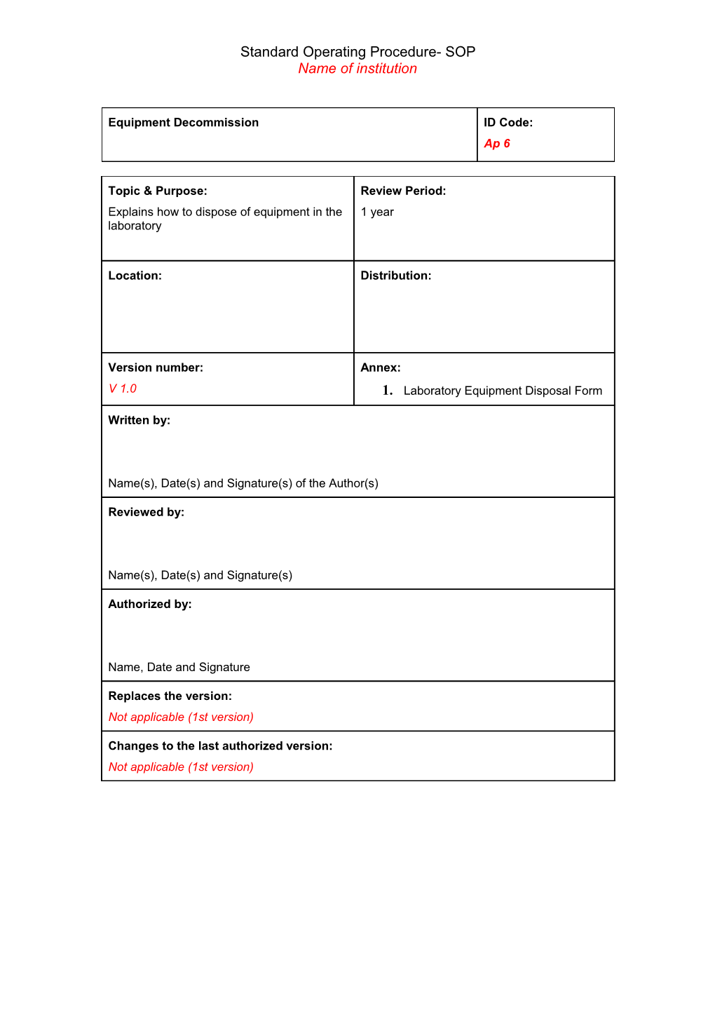 Equipment Decommission Procedure