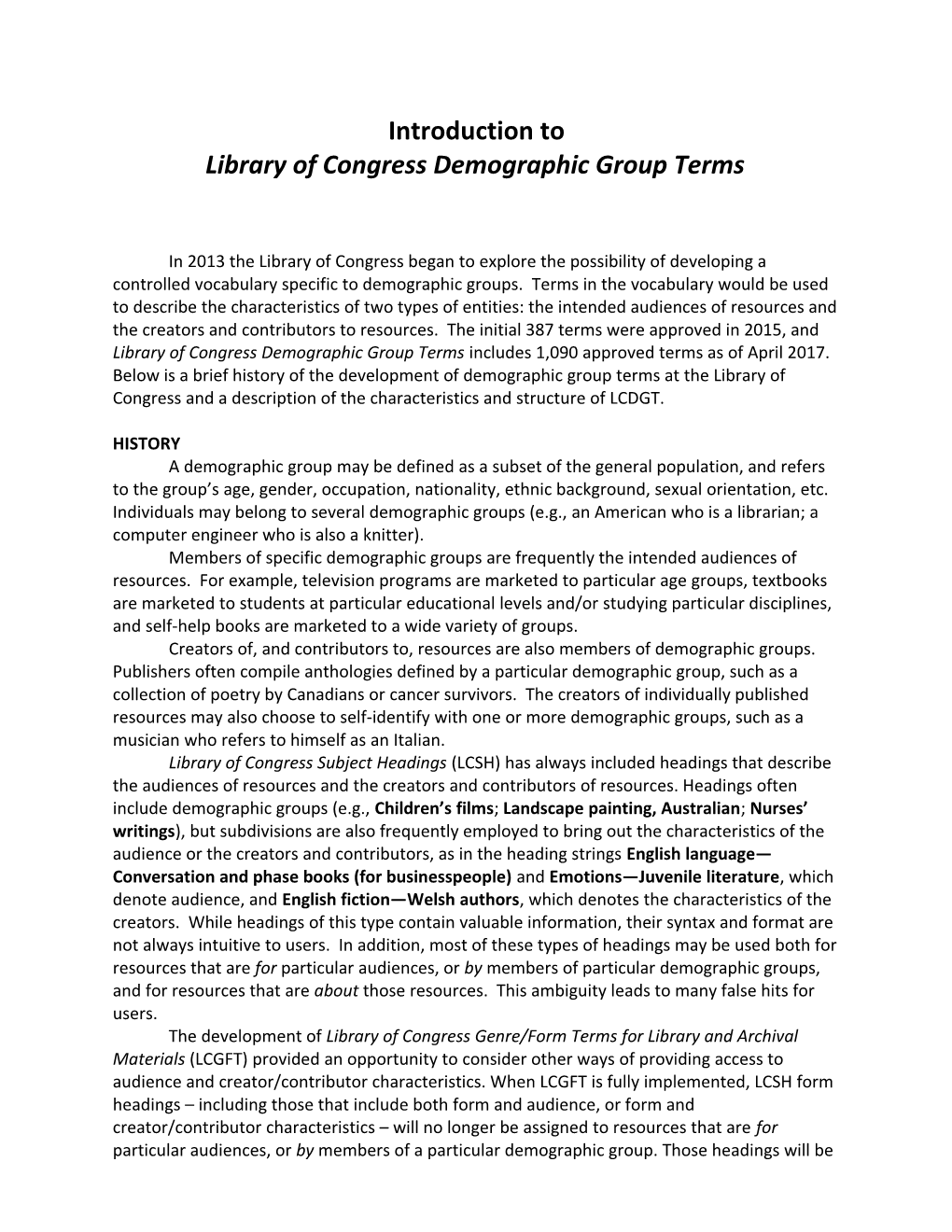 Library of Congress Demographic Group Terms