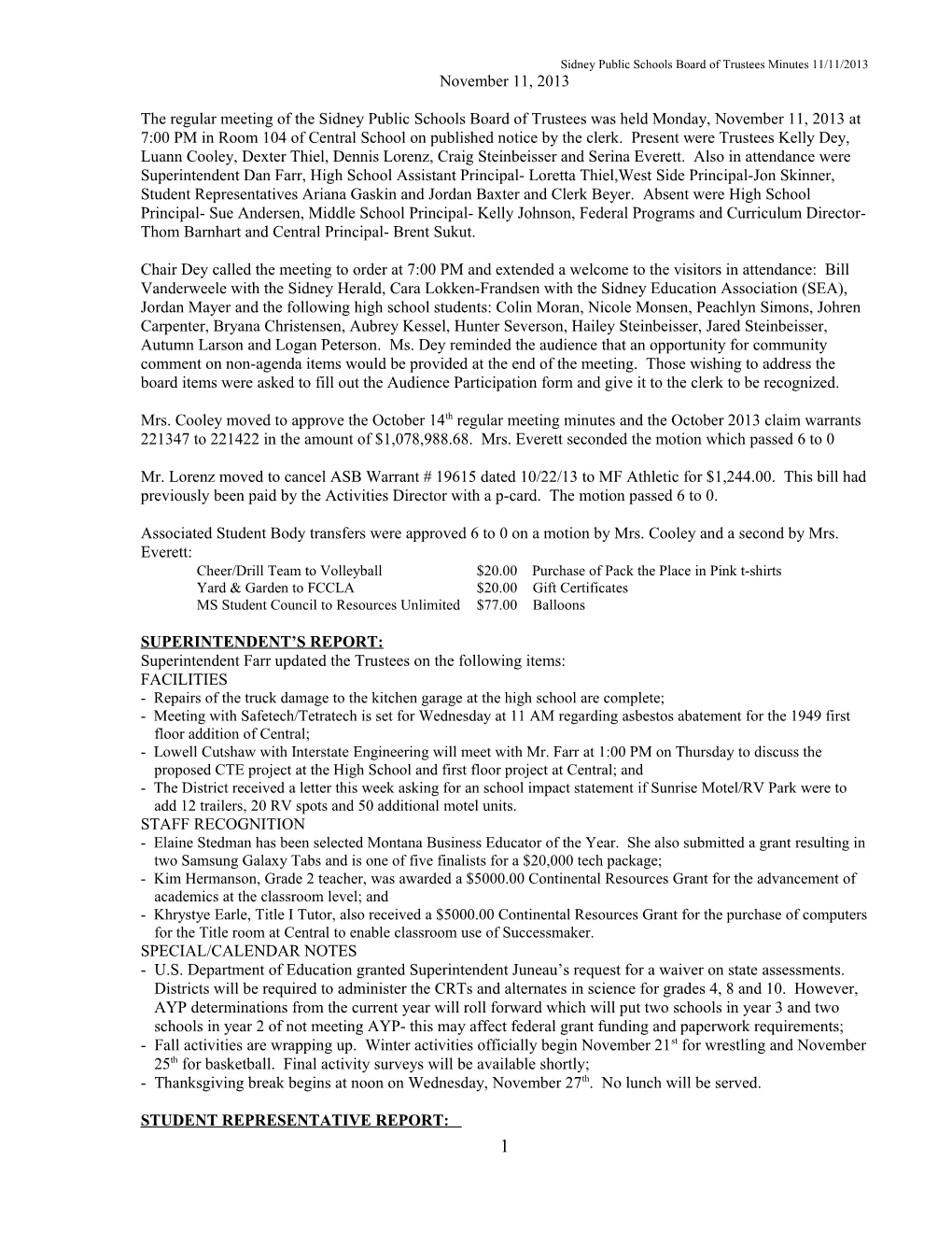 Sidney Public Schools Board of Trustees Minutes 11/11/2013