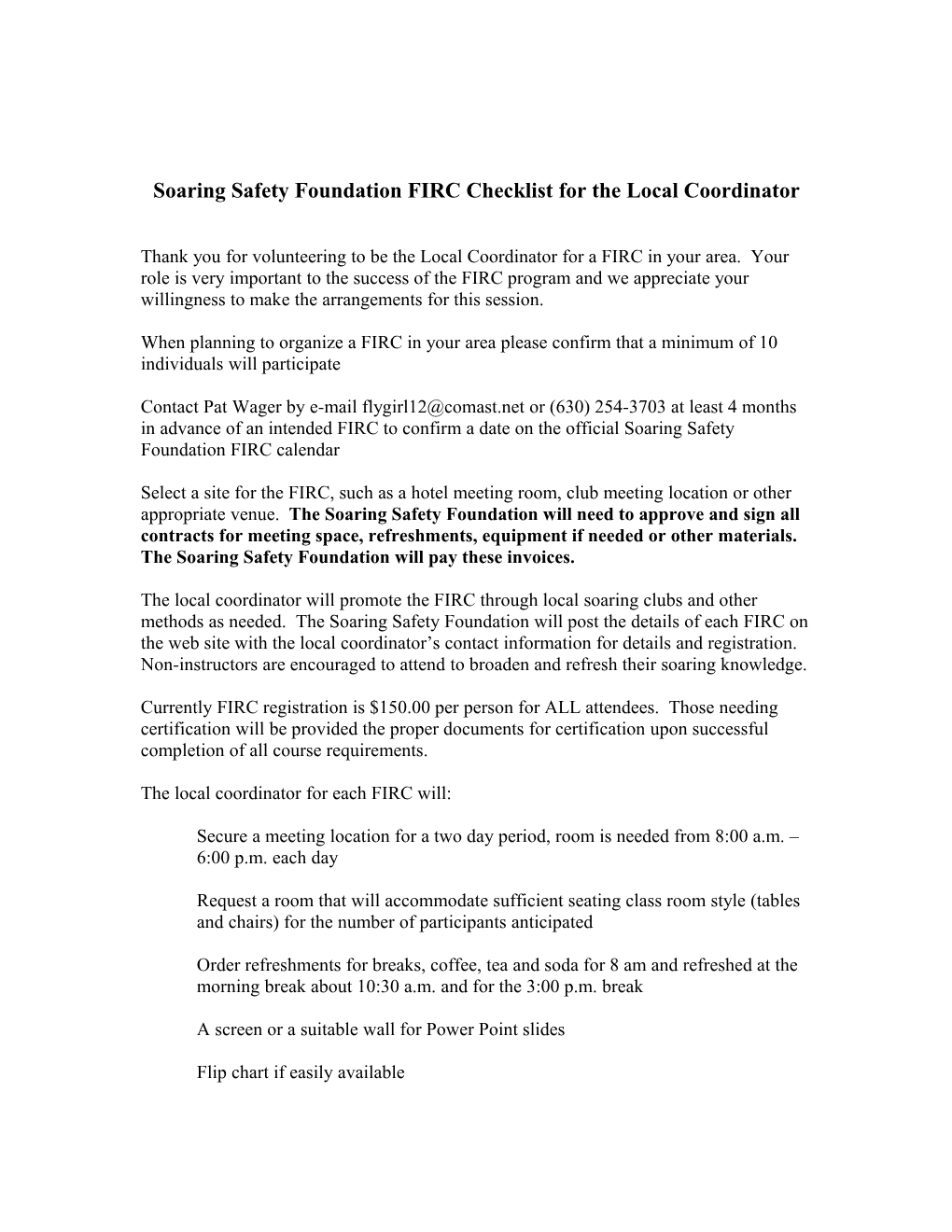 Soaring Safety Foundation FIRC Checklist for the Local Coordinator