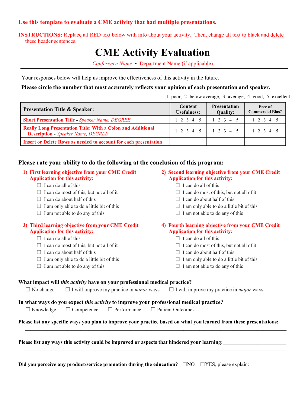 Use This Template to Evaluate a CME Activity That Had Multiple Presentations