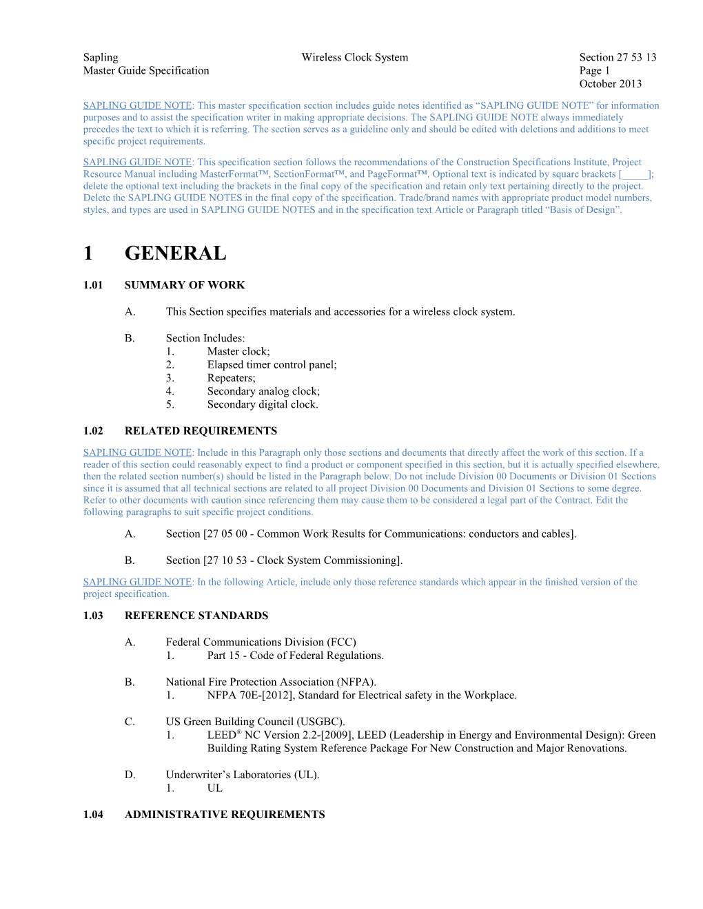 Sapling Wireless Clock Systemsection 27 53 13