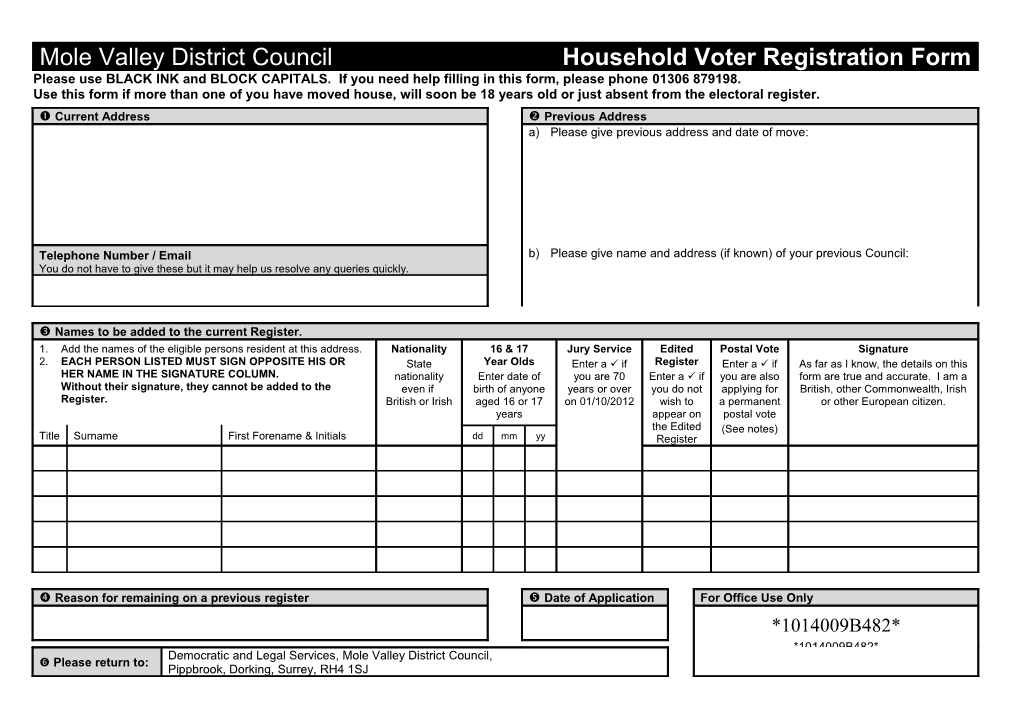 Voter Registration Form (Household) - for Current Property & Applicant's Details