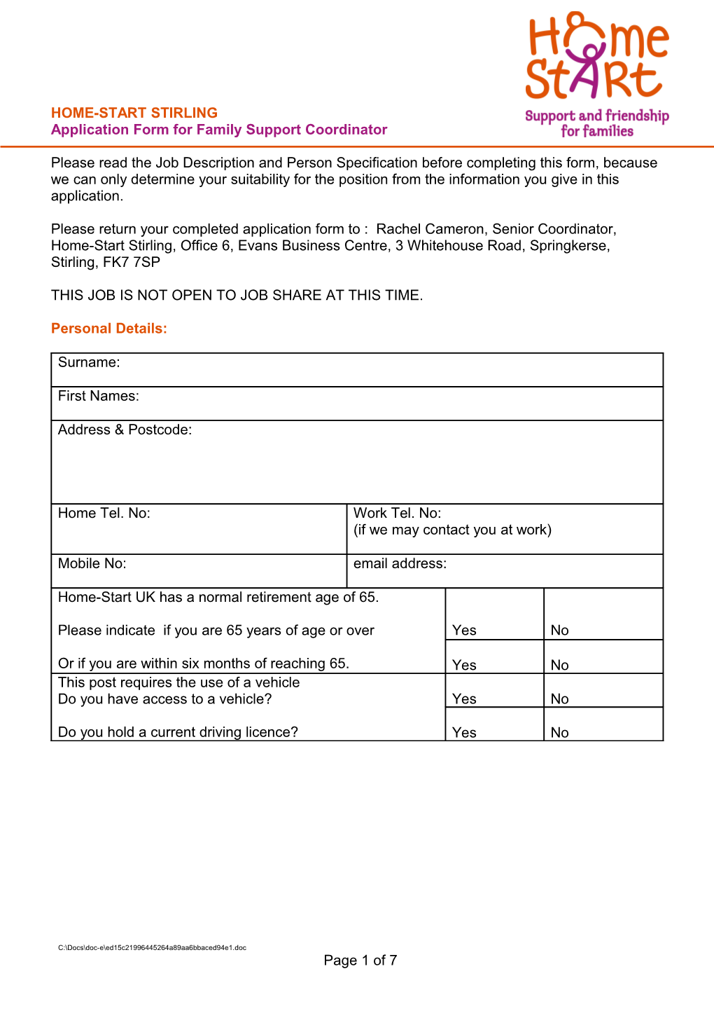 Application Form for Family Support Coordinator