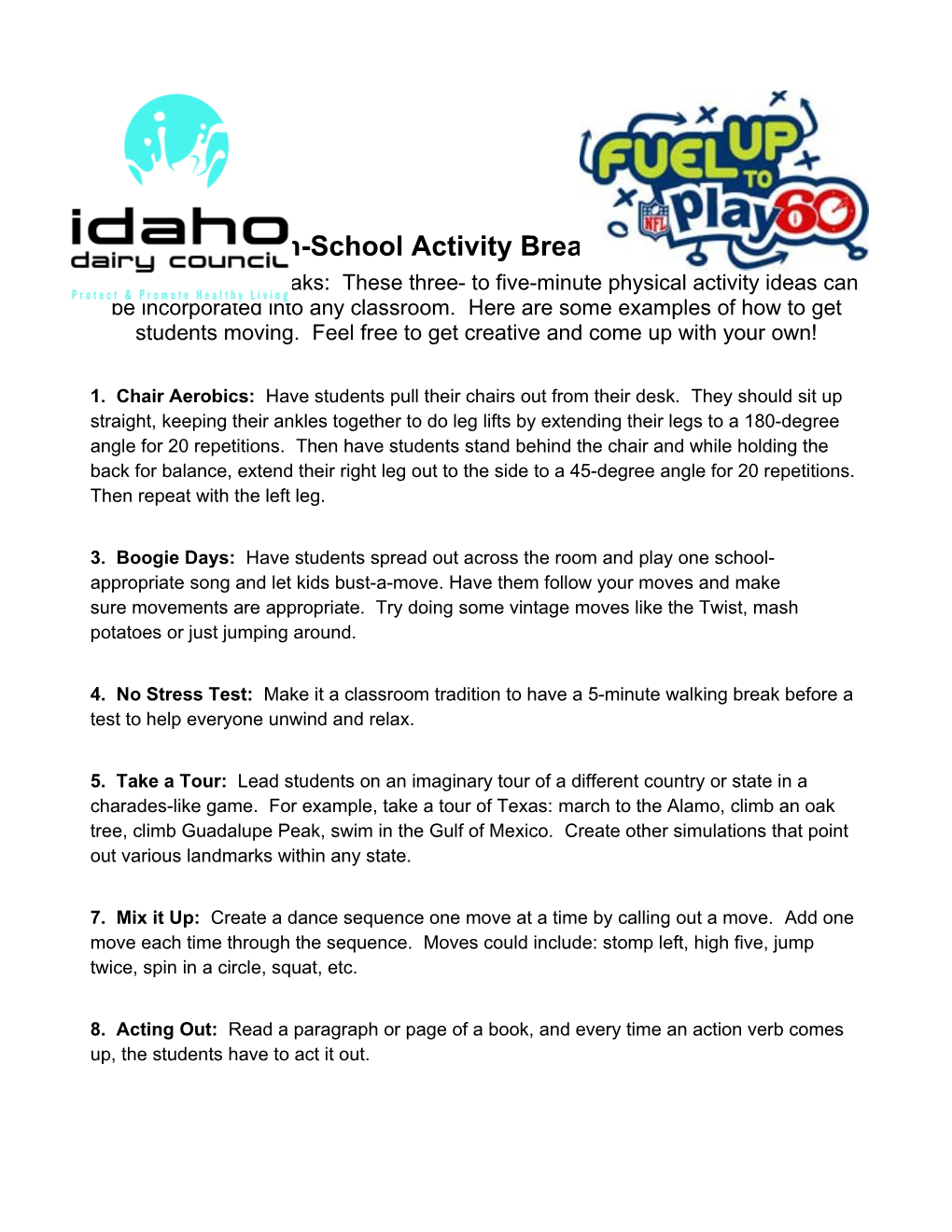 In-School Activity Break Ideas