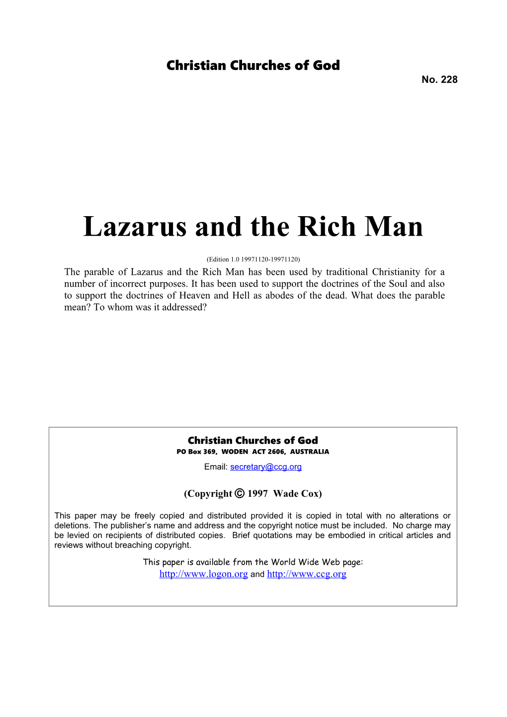 Lazarus and the Rich Man (No. 228)