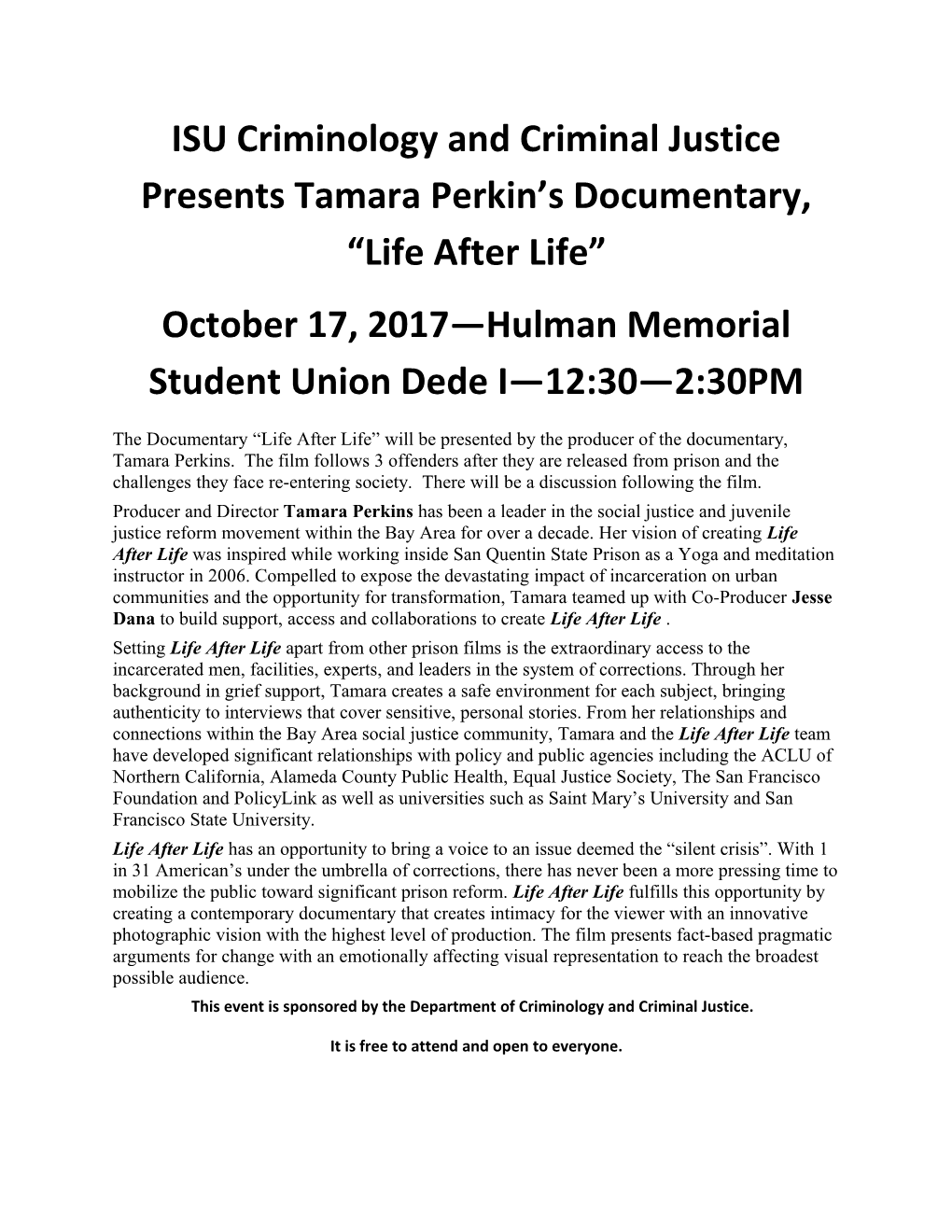 ISU Criminology and Criminal Justice Presents Tamara Perkin S Documentary, Life After Life