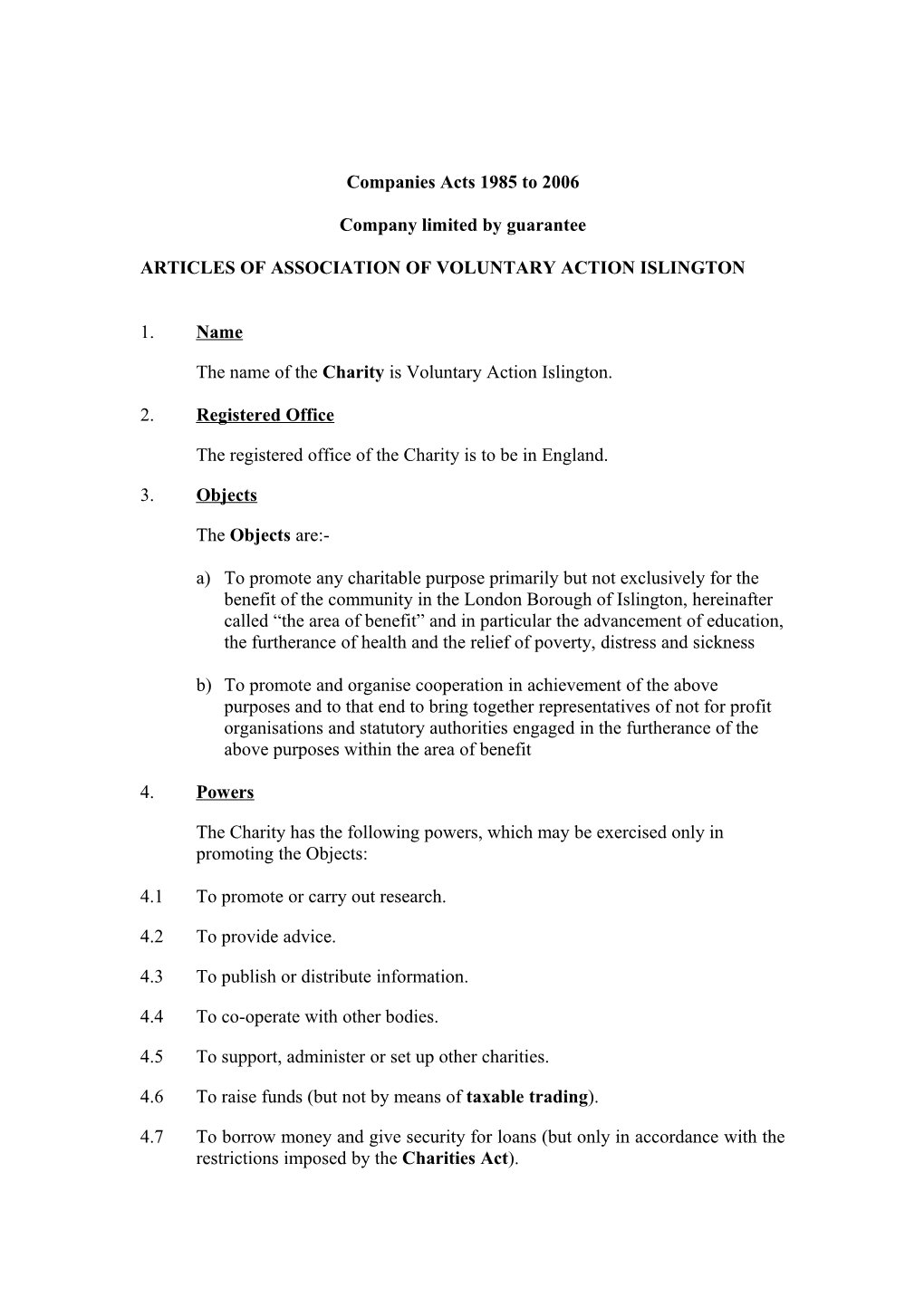 Articles of Association of Voluntary Action Islington