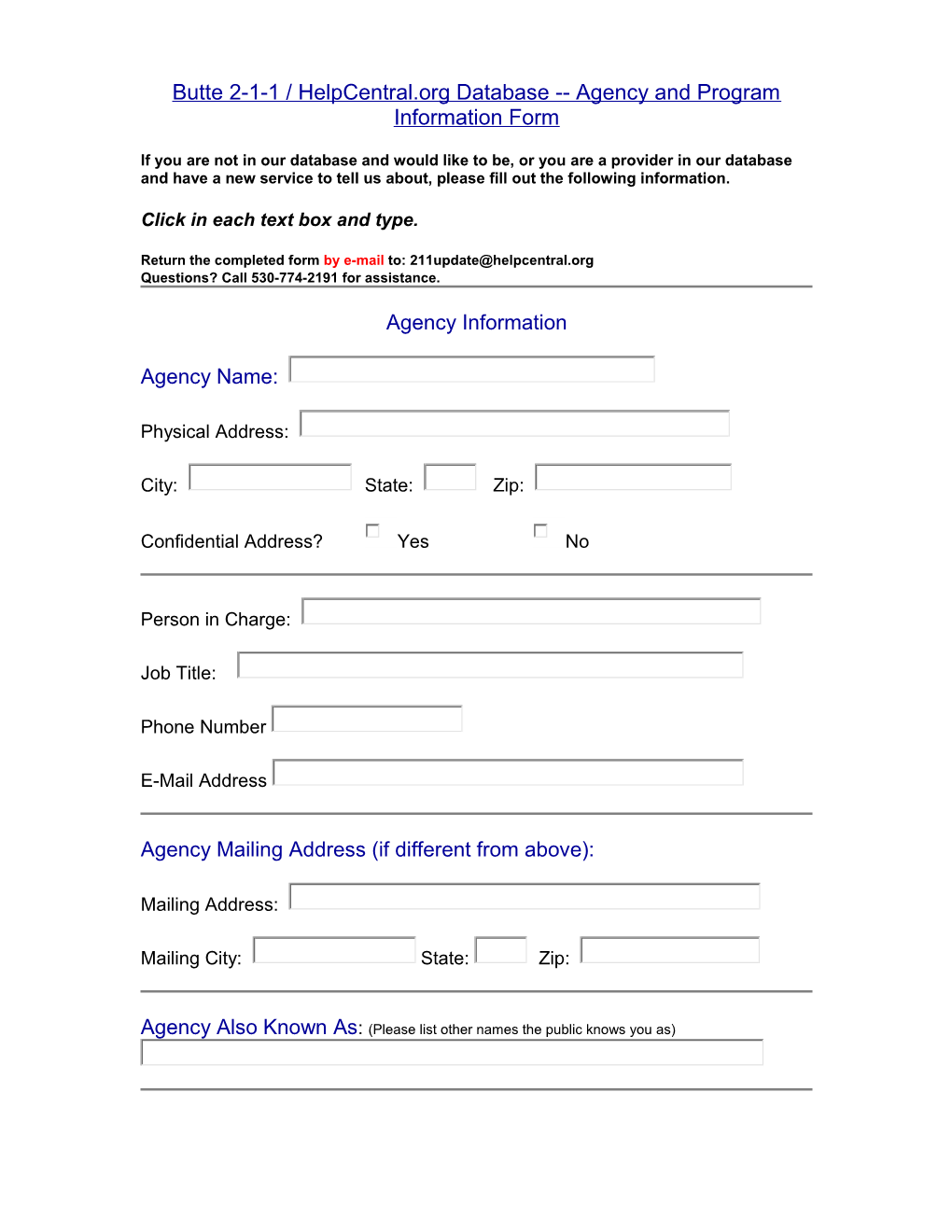 Agency Or Program Information Form