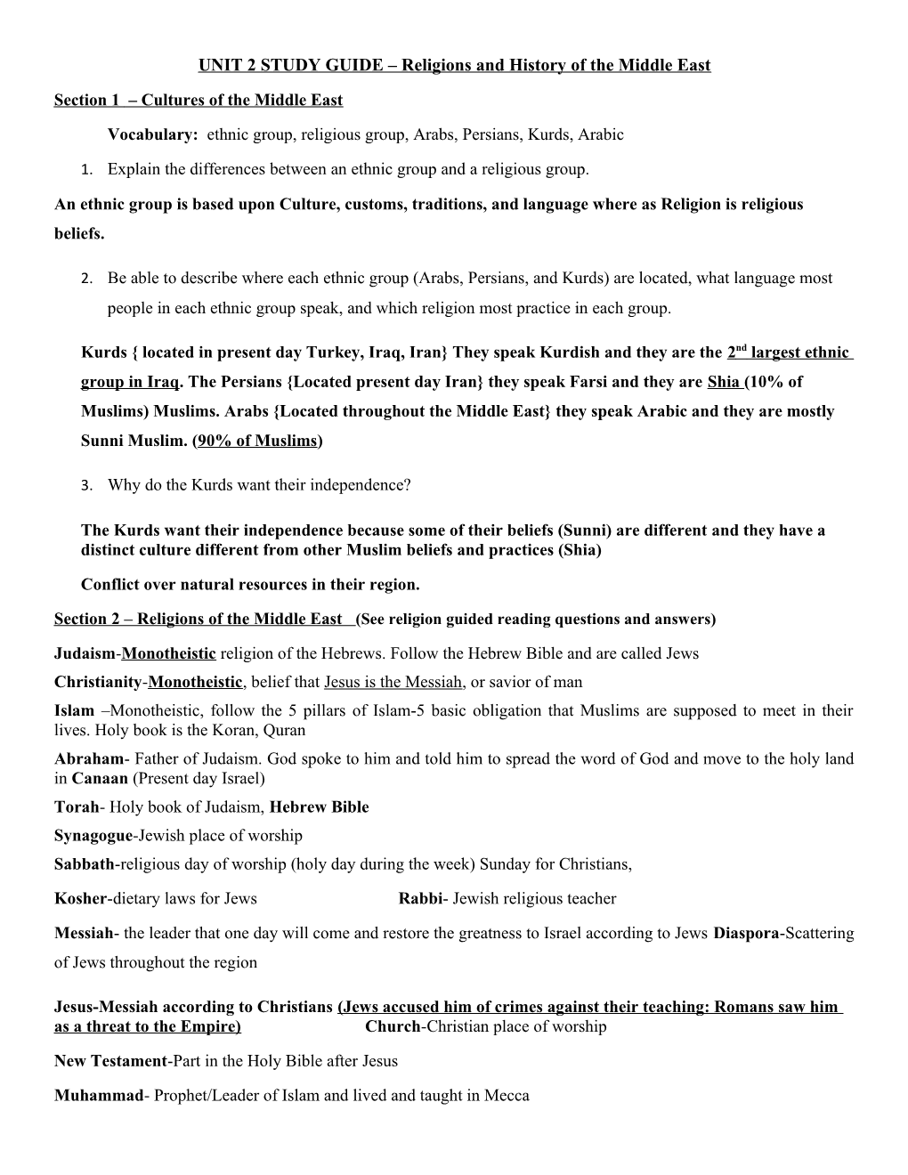 UNIT 2 STUDY GUIDE Religions and History of the Middle East