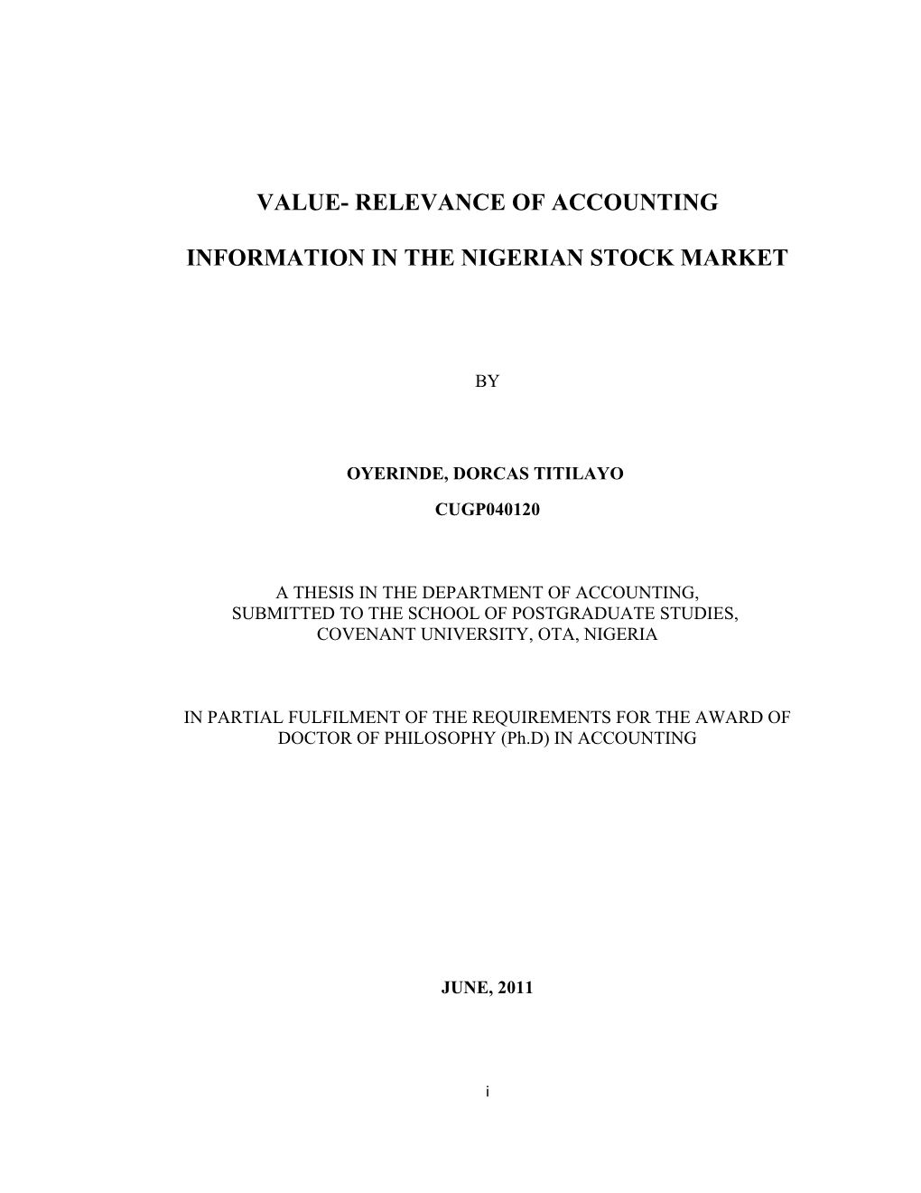 Value- Relevance of Accounting Information in the Nigerian Stock Market
