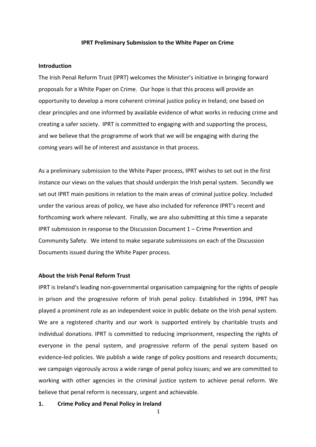 IPRT Preliminary Submission to the White Paper on Crime