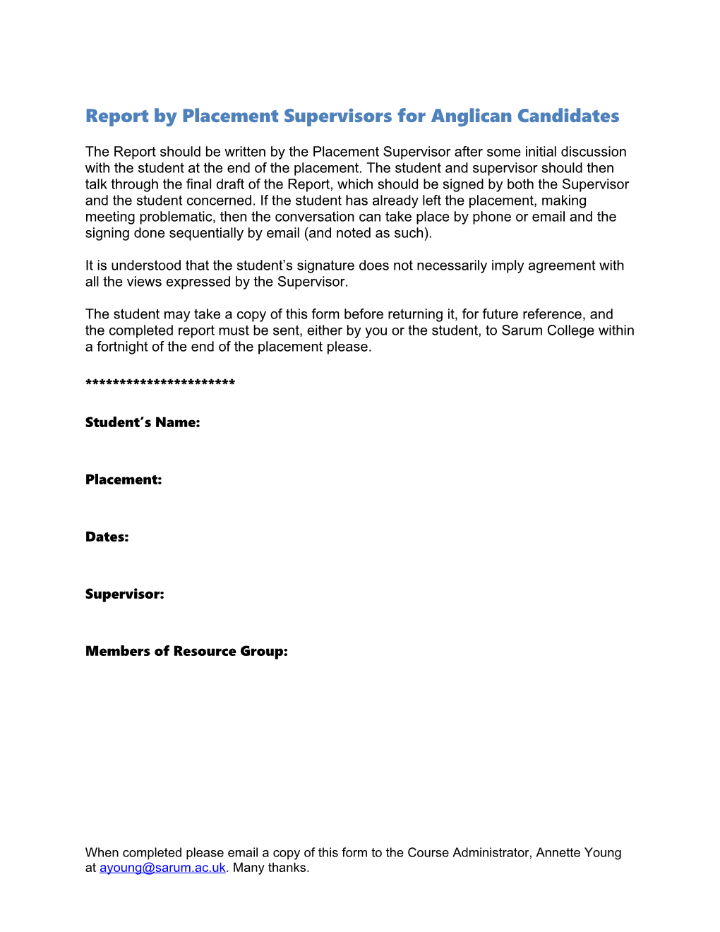 Report by Placement Supervisors for Anglican Candidates