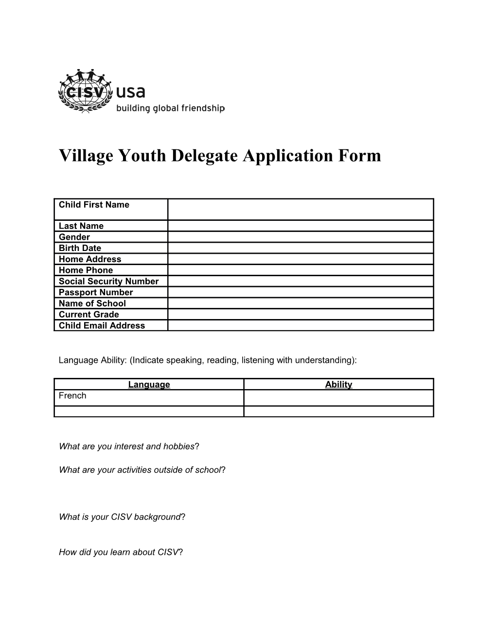 Village Youth Delegate Application Form