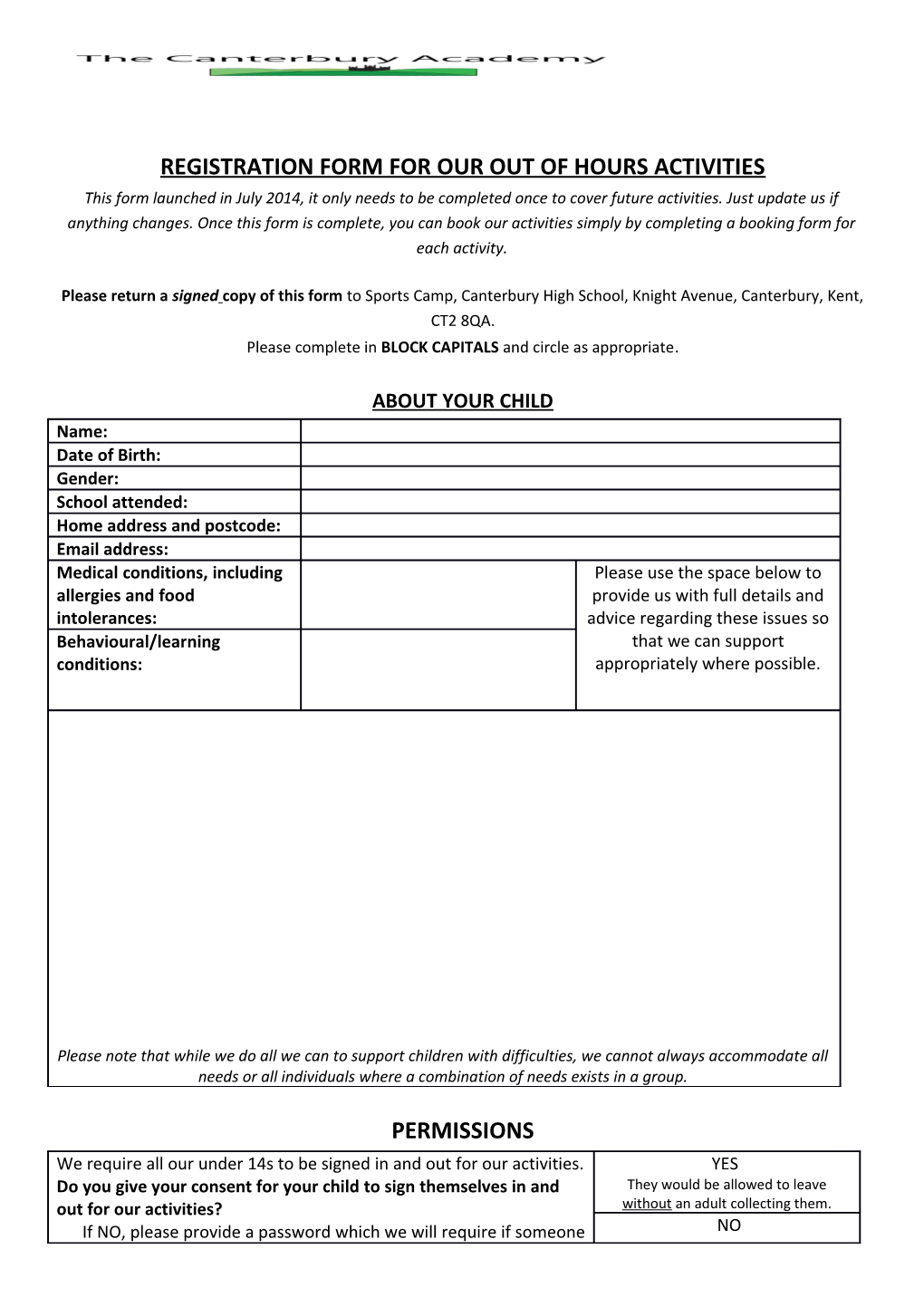 Registration Form for Our out of Hours Activities