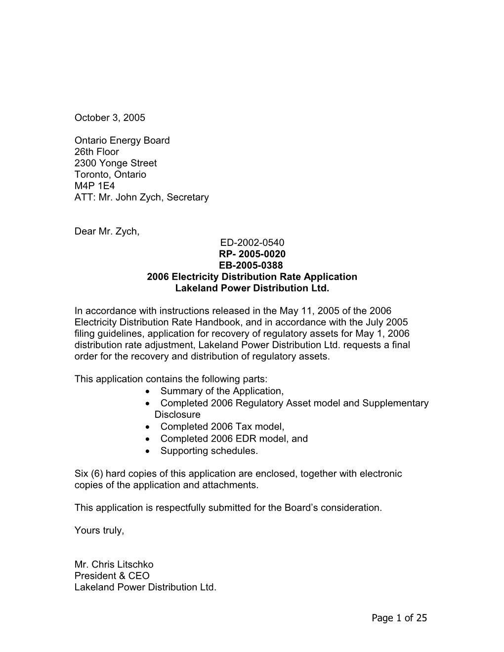 2006 Electricity Distribution Rate Application