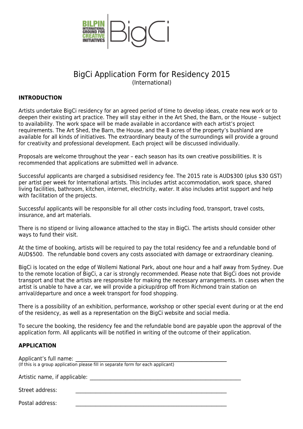 Bigci Application Form for Residency