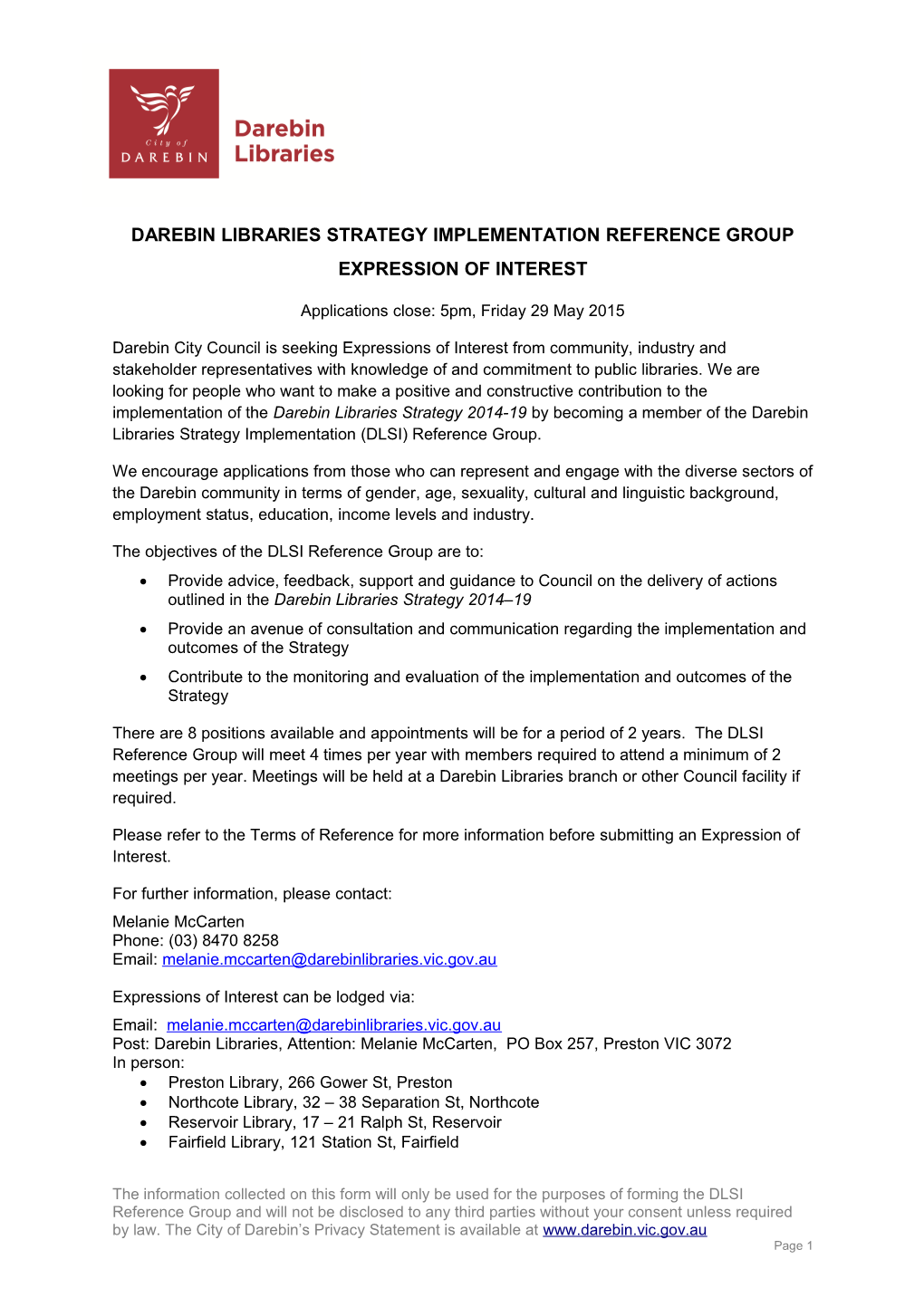 Darebin Libraries Strategy Implementation Reference Group