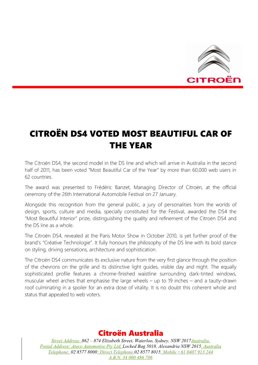 Citroën Ds4 Voted Most Beautiful Car of the Year