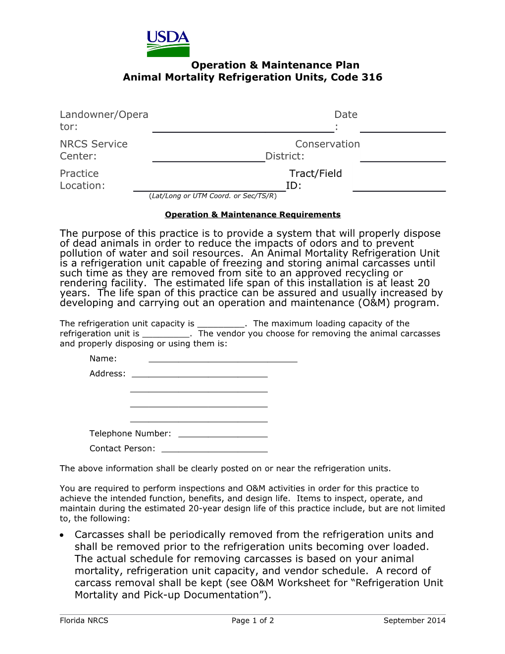 Operation and Maintenance Plan Animal Mortality Refrigeration Units, Code 316