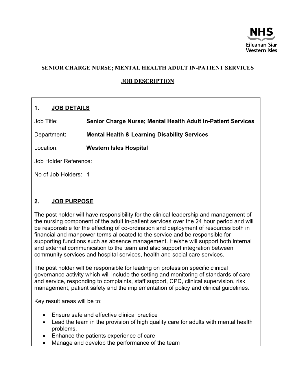 Senior Charge Nurse Job Description